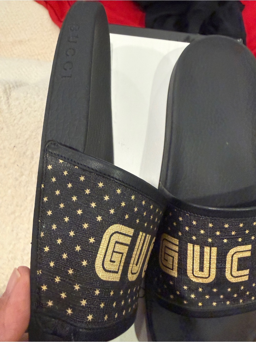 Gucci Black Slides with Gold Logo Stars - Picture 3 of 6